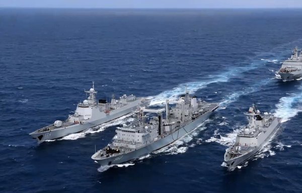 A particular concern of the agreement has been the proposed port facilities in Iran, including two along the coast of the Sea of Oman, that could be used by the Chinese navy. China has already constructed a series of ports along the Indian Ocean, creating a necklace of refuelling and resupply stations from the South China Sea to the Suez Canal. Seen here are Chinese warships in the Pacific Ocean in 2019. [Chinese Navy]