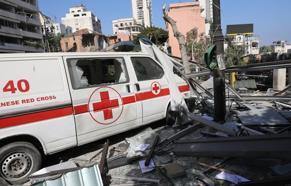 An emergency command vehicle of the Lebanese Red Cross is pictured on Wednesday (August 5th) in the aftermath of the Tuesday blast that tore through Lebanon's capital. [Anwar Amro/AFP]