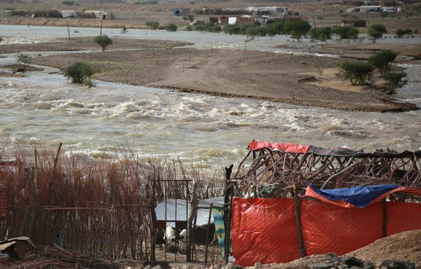 A picture shows flooded waters in Yemen's Marib province on August 4th, 2020. The floods have uncovered minefields laid by the Iran-backed Houthis and swept camouflaged explosives into villages in several provinces, officials say. [AFP]