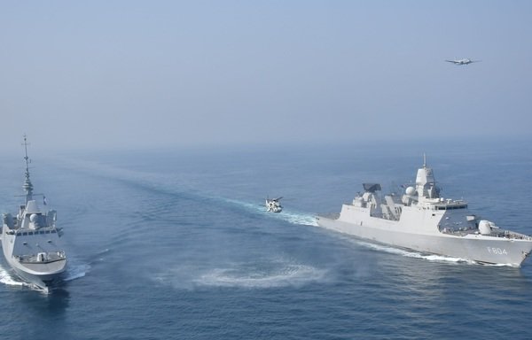 Naval vessels and military aircraft belonging to the European Maritime Awareness mission in the Strait of Hormuz (EMASOH) contribute to de-escalation in the strategic waterway. [Photo courtesy of EMASOH Twitter account]