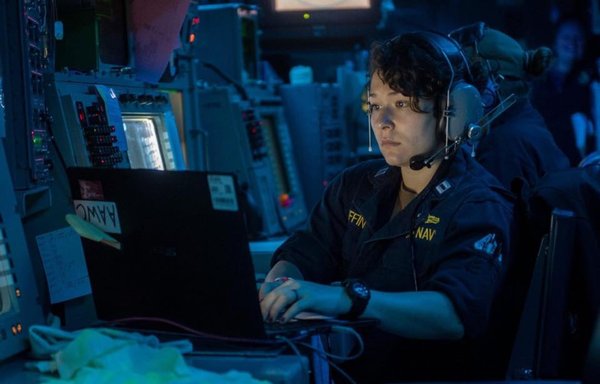 An electronic surveillance room monitors the Gulf region to safeguard against security breaches. [CENTCOM]