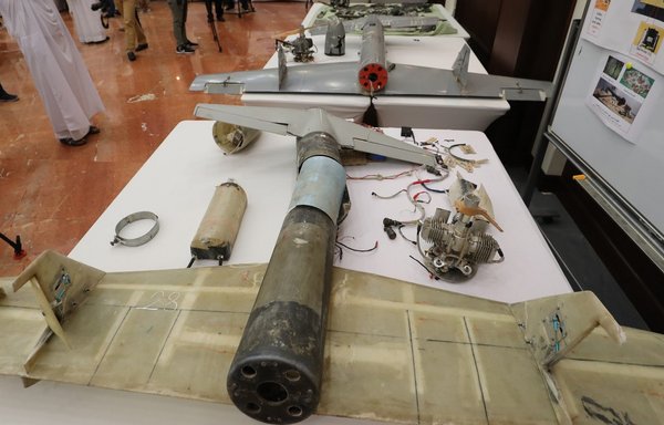 A picture taken on June 19th, 2018 in Abu Dhabi shows Iranian-made Ababil drones which the Emirati armed forces say were used by the Houthis in Yemen in battles against the Arab coalition forces. [Karim Sahib/AFP]