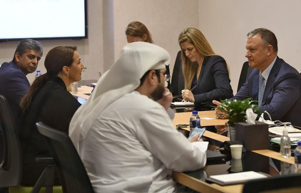 Emirati Minister of State for Food and Water Security Mariam al-Muhairi  meets with Erel Margalit, founder and chairman of Jerusalem Venture Partners, at the headquarters of the Government Accelerators in Dubai on October 27th. [Karim Sahib/AFP]