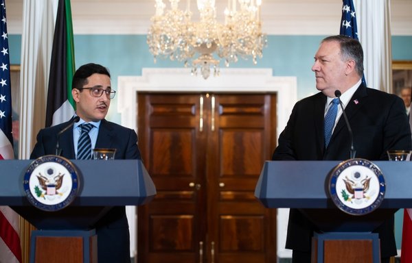 Kuwaiti Foreign Minister Sheikh Ahmad Nasser Mohammed Al-Sabah and US Secretary of State Mike Pompeo speak to the media prior to meeting at the State Department in Washington, DC on November 24th. [Saul Loeb/POOL/AFP]
