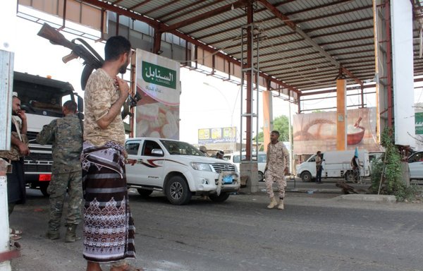 Fighters of the UAE-trained Security Belt Forces, dominated by members of the Southern Transitional Council, man a checkpoint on the outskirts of Abyan province on August 29th, 2019. [Saleh al-Obeidi/AFP]