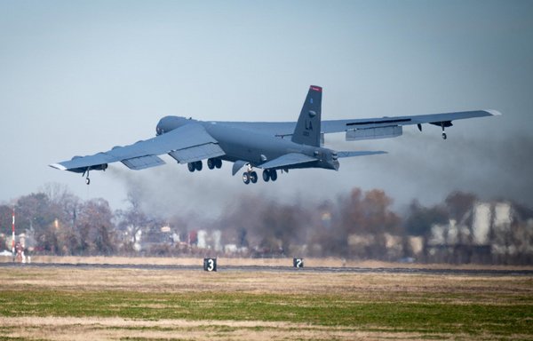 A B-52H Stratofortress departs for a long-range training mission in the Middle East at Barksdale Air Force Base, Louisiana, on December 9th. [US Air Force]
