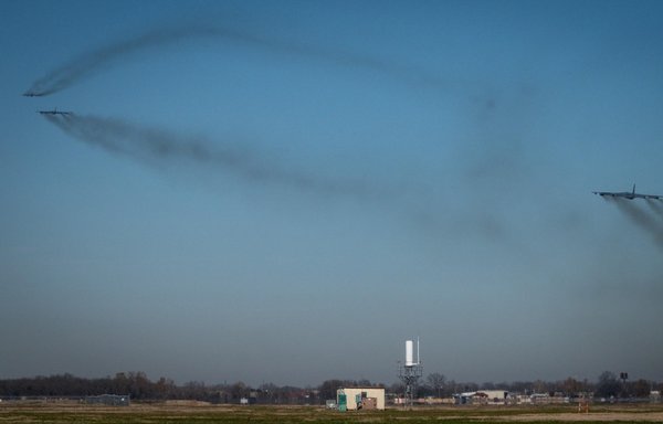 Three B-52H Stratofortress aircraft depart for a long-range training mission at Barksdale Air Force Base, Louisiana, on December 9th. [US Air Force]