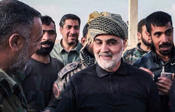 IRGC Quds Force commander Qassem Soleimani is shown in Kurdish gear in the Syrian border town of Albu Kamal in 2017. [ISNA]