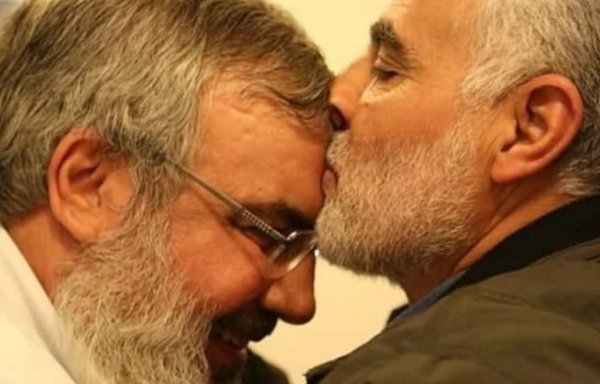 One of the last known photos released by Iranian media of Quds Force commander Qassem Soleimani (right) shows him kissing the forehead of Hizbullah chief Hassan Nasrallah during a meeting in Beirut, days before Soleimani was killed in Baghdad January 3.