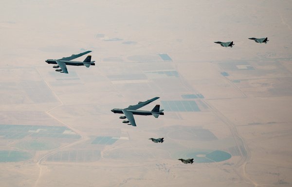 Two B-52 bombers fly over the Middle East on January 7. [CENTCOM]