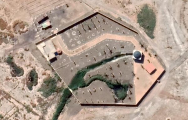 ​​Nabeh Ali shrine, seen here, is enclosed by a wall. Also shown is the al-Mazraa area, which was confiscated for the purpose of establishing a hotel and rest area for pilgrims. [Google Earth]