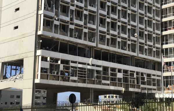 The Electricité du Liban headquarters in Beirut shows signs of damage following the August 4 explosion at Beirut port. [Nohad Topalian/Al-Mashareq]