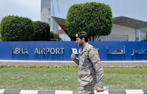This file photo taken June 13, 2019 shows the welcome sign at Abha airport in southwest Saudi Arabia. A civilian plane was engulfed in flames on February 10, 2021 after the Iran-backed Houthis launched a drone strike on the airport. [Fayez Nureldine/AFP]