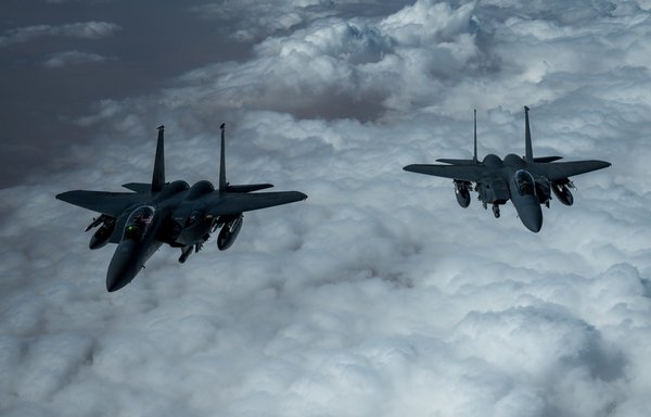 US F-15s fly over the Middle East on February 3. [CENTCOM]