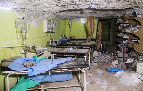 A picture taken April 4, 2017, shows destruction at a hospital room in Khan Sheikhun, Idlib province, following a suspected toxic gas attack. [Omar Haj Kadour/AFP]