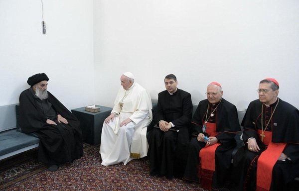 Pope Francis during his meeting on March 6 with Iraq's top Shia Authority, Ali al-Sistani, in the city of Najaf. [Al-Sistani's office]