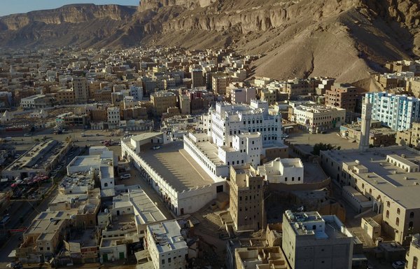 An aerial picture taken on October 17, 2020, shows a view of Seiyun Palace in the eponymous city, in Yemen's central Hadramaut governorate. [AFP]