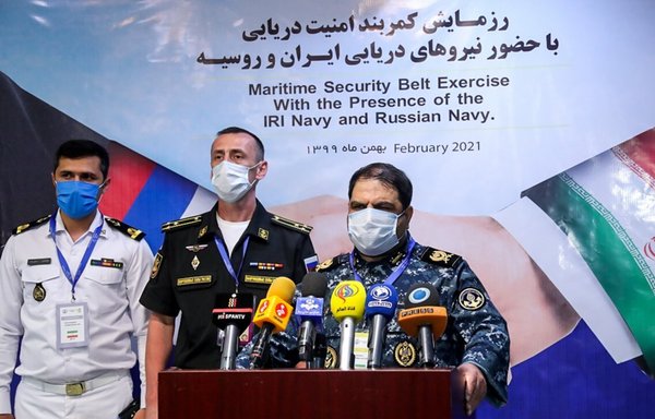 Russian and Iranian naval officers speak at a news conference in Tehran in February to open the three-day Maritime Security Belt Exercise in the northern Indian Ocean. [Iranian Ministry of Defence]