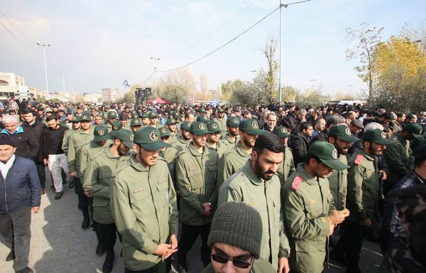 IRGC elements take part in a demonstration in Tehran on January 3, 2020, after IRGC-QF commander Qassem Soleimani was killed in a US strike in Baghdad. [Atta Kenare/AFP]