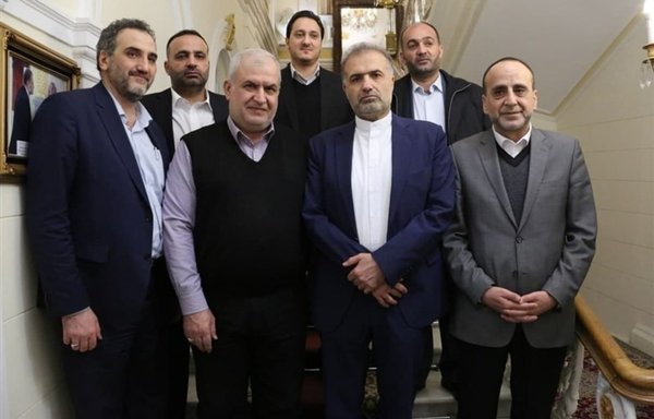 A Hizbullah delegation visited Moscow this week and discussed the Middle East with Iranian ambassador to Russia Kazem Jalali (front, 2nd from right) on March 15. [Tasnim]