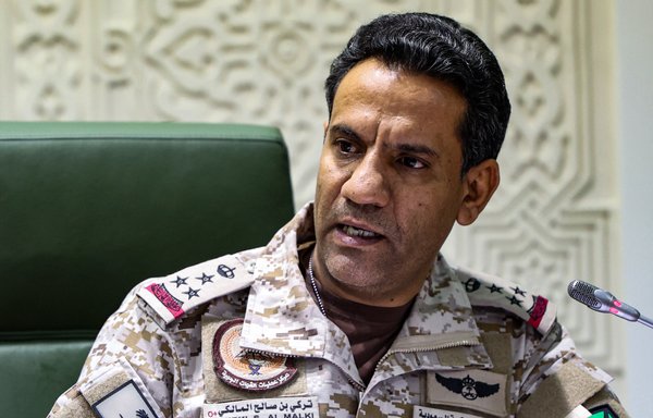 Arab coalition spokesman Col. Turki al-Maliki speaks during a press conference in Riyadh on March 22. Saudi Arabia offered the Houthis a "comprehensive" ceasefire, among a series of proposals aimed at ending a catastrophic six-year conflict. [Fayez Nureldine/AFP]