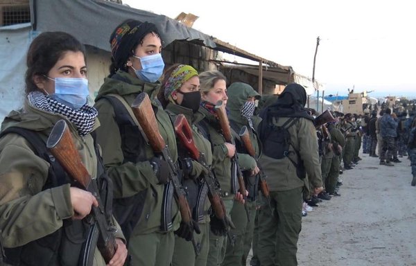 Women's Protection Units fighters take part in the ongoing security operation in al-Hol camp. [SDF Co-ordination and Military Operations Centre]