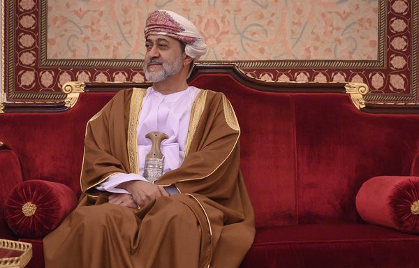 Oman's Sultan Haitham bin Tariq meets with the US secretary of State at al-Alam palace in Muscat on February 21, 2020. [Andrew Caballero-Reynolds/AFP]