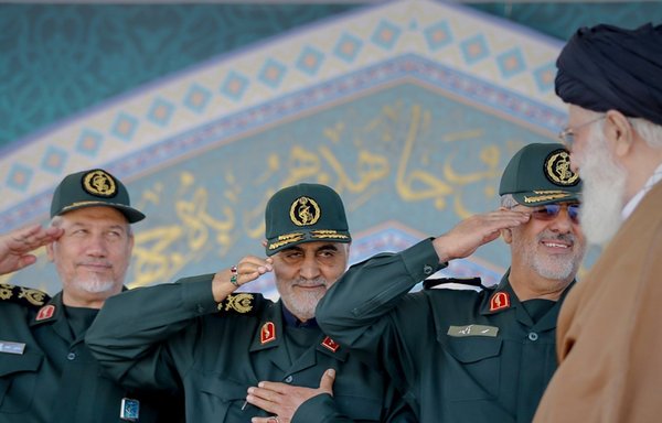 This undated photo shows Qassem Soleimani (centre) with other top Iranian military commanders and Supreme Leader Ali Khamenei. Foreign Minister Javad Zarif said Soleimani would not compromise for diplomacy, even if IRGC stances were damaging to Iran's diplomacy and foreign policy 'by 200%'. [Iranian Ministry of Defence]
