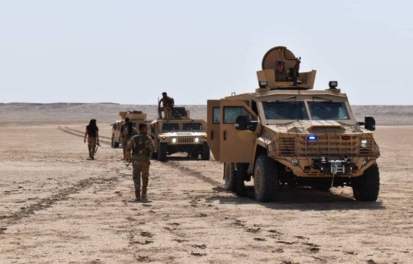 SDF military vehicles take part in a sweep operations in the Wadi al-Ajij area of northern rural Deir Ezzor to crack down on ISIS remnants. [SDF Co-ordination and Military Operations Centre]