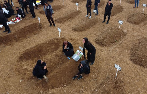 An aerial picture shows mourners gathering around graves during a mass funeral for Yazidi victims of ISIS in the Sinjar district of Kojo on February 6. [Zaid al-Obeidi/AFP]