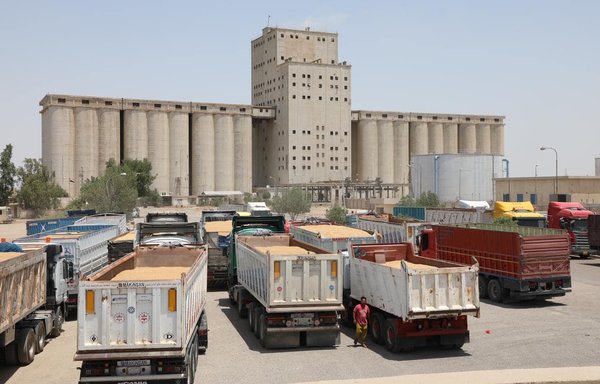 Trucks loaded with wheat line up to unload their cargo at a government silo in Iraq on May 11. [Iraqi Ministry of Trade]