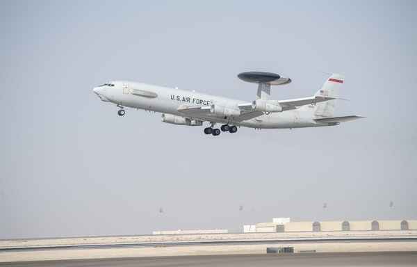 A US Air Force E-3 Sentry Airborne Warning and Control System (AWACS) aircraft takes off from al-Dhafra Air Base, United Arab Emirates, in support of Desert Mirage III – the third iteration of a bilateral event between the US and Royal Saudi air forces designed to enhance interoperability and air defense capabilities in the region, on May 19. [US Air Force]