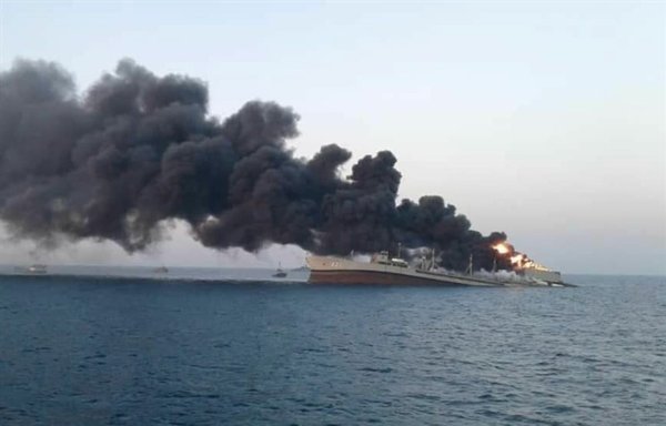 The Iranian warship Kharg seen here on fire in early June. [Tasnim]