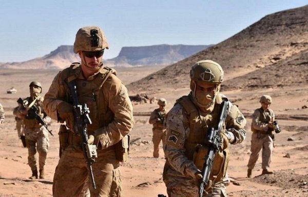 Soldiers take part in the Falcon Claw IV joint exercise in northwest Saudi Arabia in this picture posted June 20 on Twitter. [Saudi Ministry of Defence/Twitter]