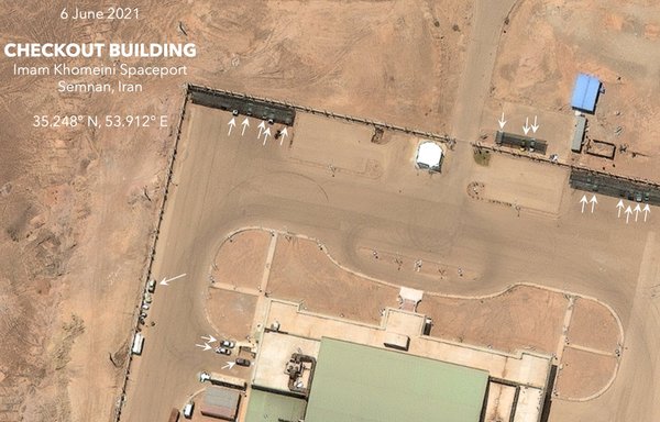 Arrows drawn on a satellite image taken June 6 by Maxar Technologies show heightened vehicle activity at Imam Khomenei Spaceport in Semnan province, Iran. [MIIS]