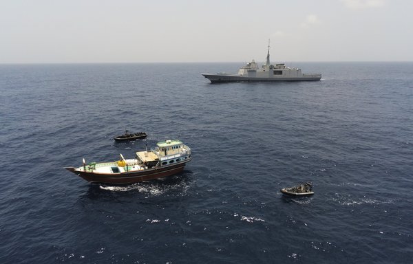 A French frigate part of Combined Maritime Forces (CMF) during a counter-narcotics operation on June 6. The coalition is seen as a key alliance that could secure the Bab al-Mandab if regional security deteriorates. [French Navy]