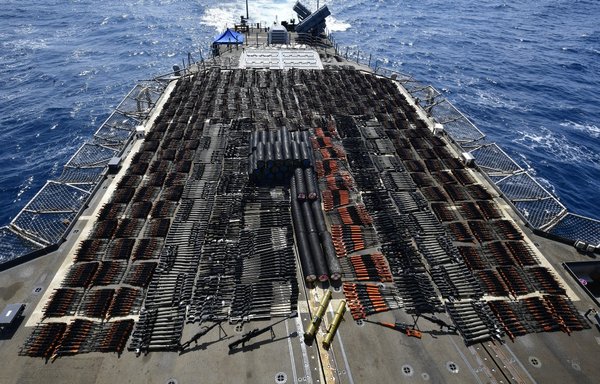 The guided-missile cruiser USS Monterey seized an illicit shipment of weapons from a stateless dhow in international waters of the North Arabian Sea on May 6 and 7. [US Navy]