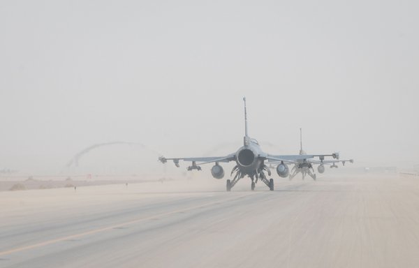 US F-16s in preparation for take-off during a mission with the Royal Saudi Air Force at Prince Sultan Air Base on June 17. [CENTCOM]