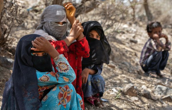 A displaced Yemeni family, who fled because of fighting between the Houthis and Yemeni forces, take shelter under a tree west of Taez on April 1. [Ahmad al-Basha/AFP]