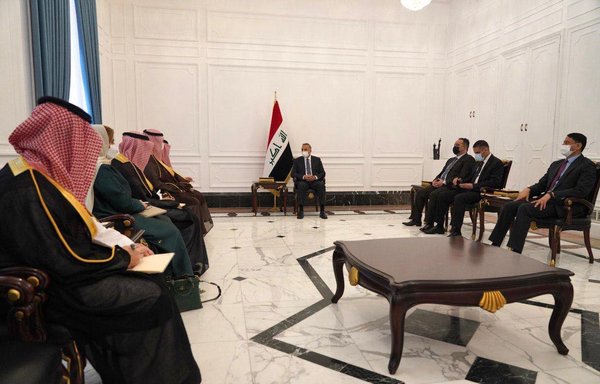Iraqi Prime Minister Mustafa Kadhemi meets with a Saudi delegation headed by Minister of Commerce and Investment Majid al-Qasabi, which visited Baghdad to encourage trade. [Office of Iraqi prime minister]