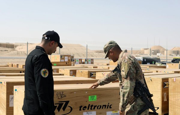 Iraq's Counter-Terrorism Service receives $25 million of strategic communication and maintenance equipment at Ain al-Asad air base on July 26. The equipment was provided by the United States in support of the Iraqi forces' mission to defeat ISIS and promote regional stability. [US Army National Guard]