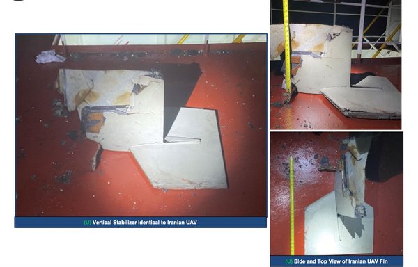 Images of the UAV that fatally hit the Mercer Street July 30 show that its components were identical to those of previously identified Iranian UAVs. [CENTCOM]