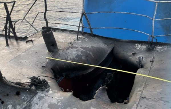 The photo shows the impact location of the Iranian UAV that targeted the Mercer Street vessel on July 30, killing two people onboard. [CENTCOM]
