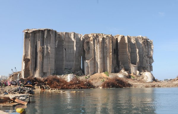 What remains of a grain silo that was damaged in the explosion that devastated the port of Beirut on August 4, 2020. [Ziad Hatem/Al-Mashareq]