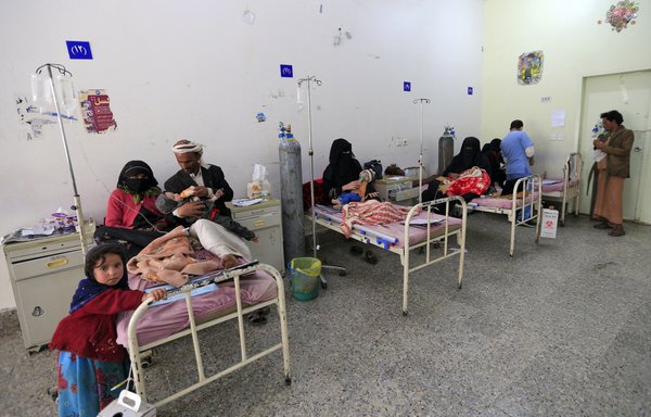 Children suffering from malnutrition receive treatment at al-Sabeen Maternity and Child Hospital in Houthi-held Sanaa, on March 2. [Mohammed Huwais/AFP]