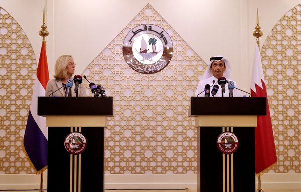 Qatar's Foreign Minister Sheikh Mohammed bin Abdulrahman Al-Thani (right) and his Dutch counterpart Sigrid Kaag (left) give a press conference September 1 in Doha. The Netherlands will move its Kabul diplomatic mission to Qatar, following similar moves by the United States and Britain. [Karim Jaafar/AFP]