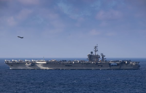 An F-35C Lightning II flies off the aircraft carrier USS Carl Vinson on August 27. [US Navy]