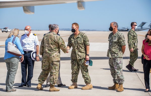Chairman of the US Joint Chiefs of Staff Gen. Mark Milley meets with service members and volunteers taking part in Operation Allies Refuge at Naval Station Rota on September 6. [US Department of Defence]