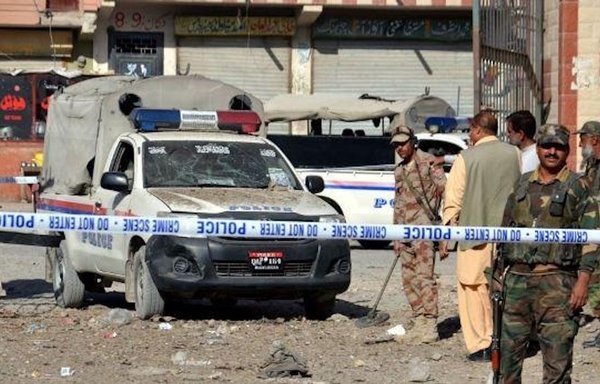 Security personnel stand at the scene of a suicide attack on a security checkpoint in Quetta, capital of Balochistan province, Pakistan, on September 5. With the Taliban in control in neighbouring Afghanistan, there are fears that extremists will regroup in the border areas and terror attacks like this may become more commonplace. [Pajhwok Afghan News]