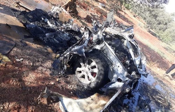 A photo circulated on social media shows the wreckage of a car hit by a US strike on Monday (September 20) on the road between Idlib city and Binnish in rural Idlib province in northwest Syria.